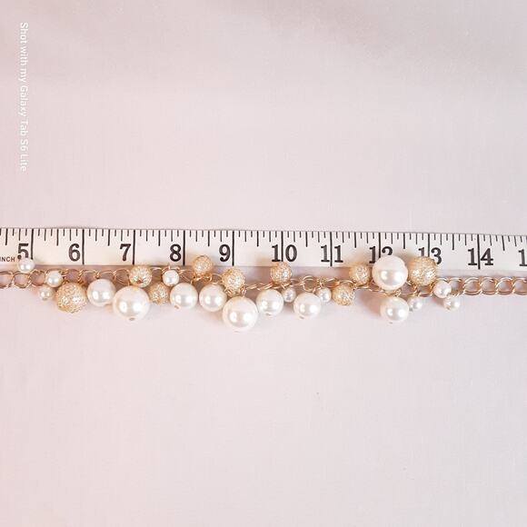 Statement Choker Necklace Gold Tone Double Chain Links Multi Size Pearly Beads - Picture 10 of 12